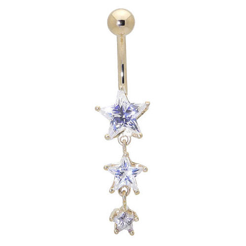 14k Gold Triple Star Dangle Curved Barbell Body Jewelry